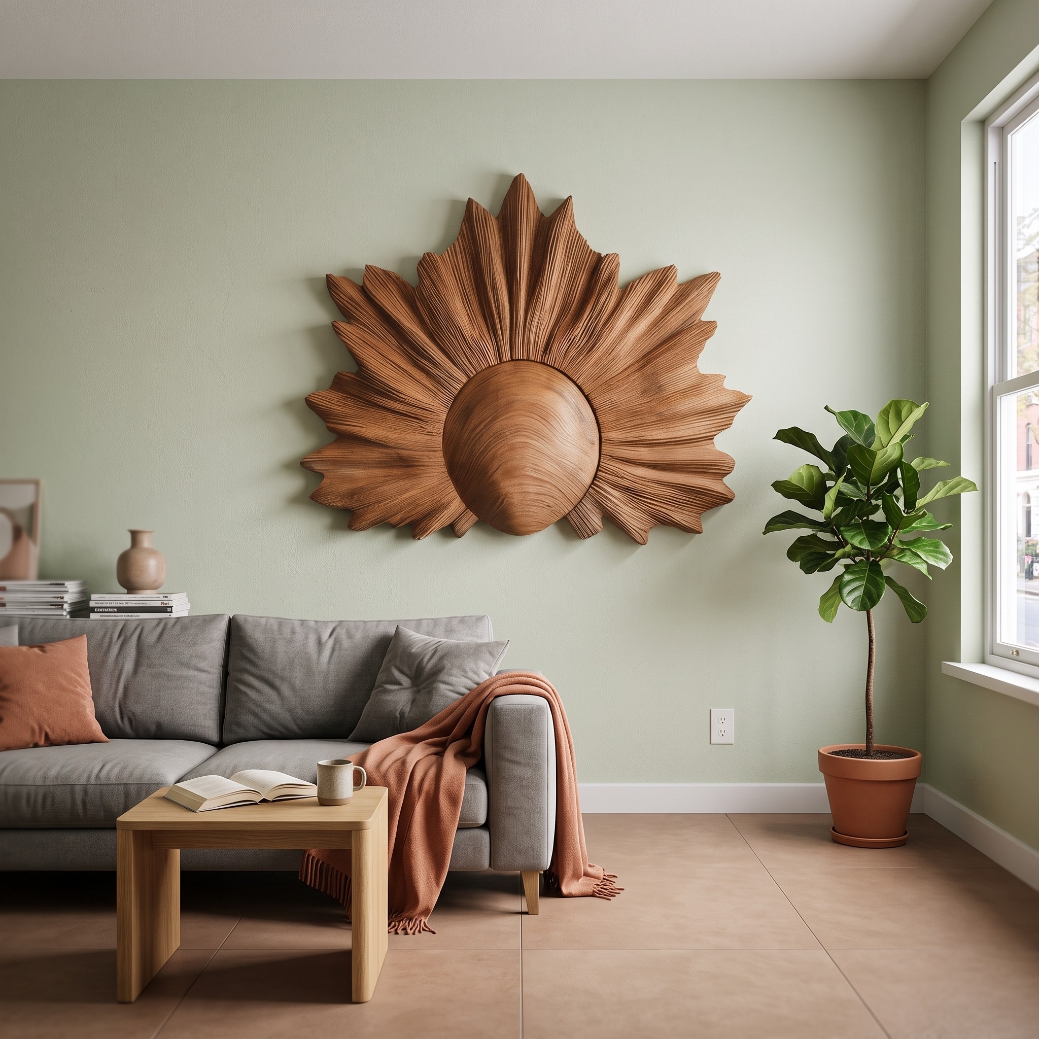 Sculptural Wall Art with Sunburst Carved Design for Living Room