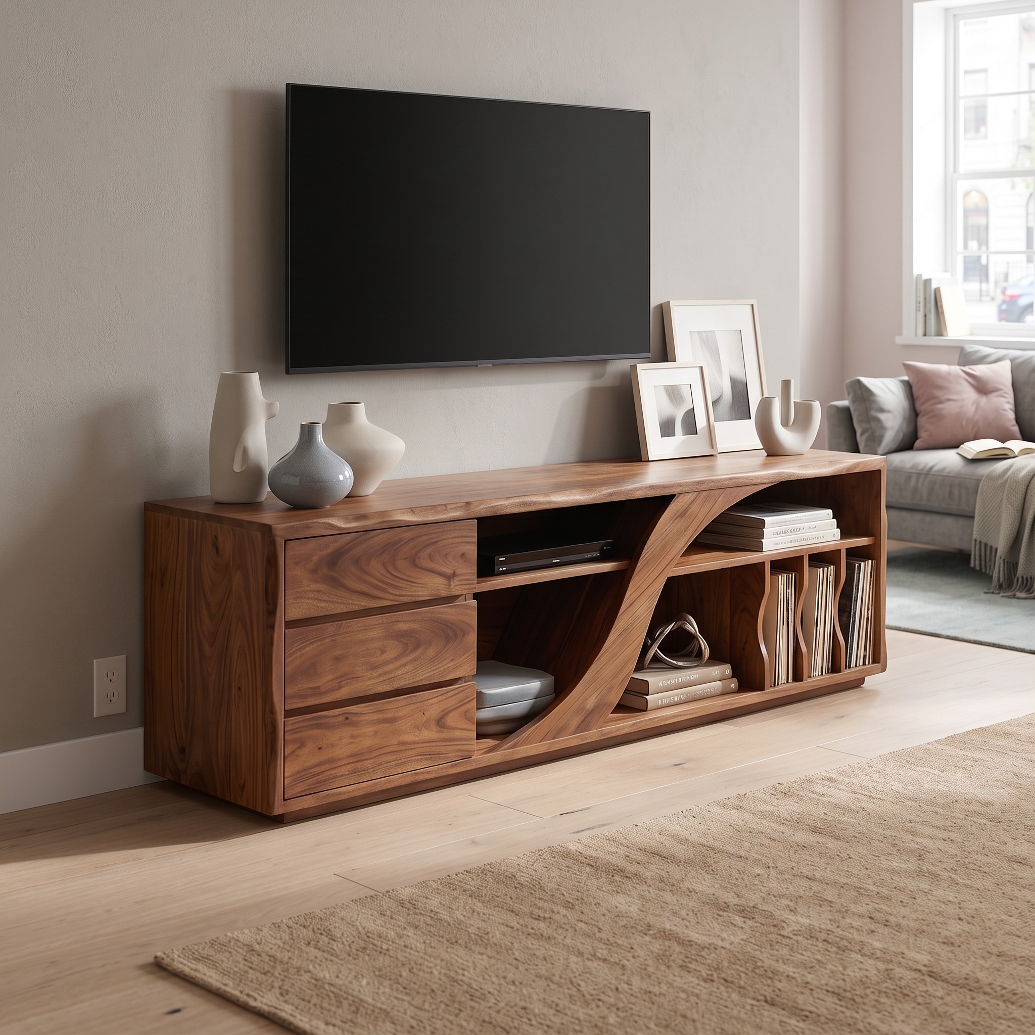 Sculptural Walnut TV Stand Modern Minimalist Interior
