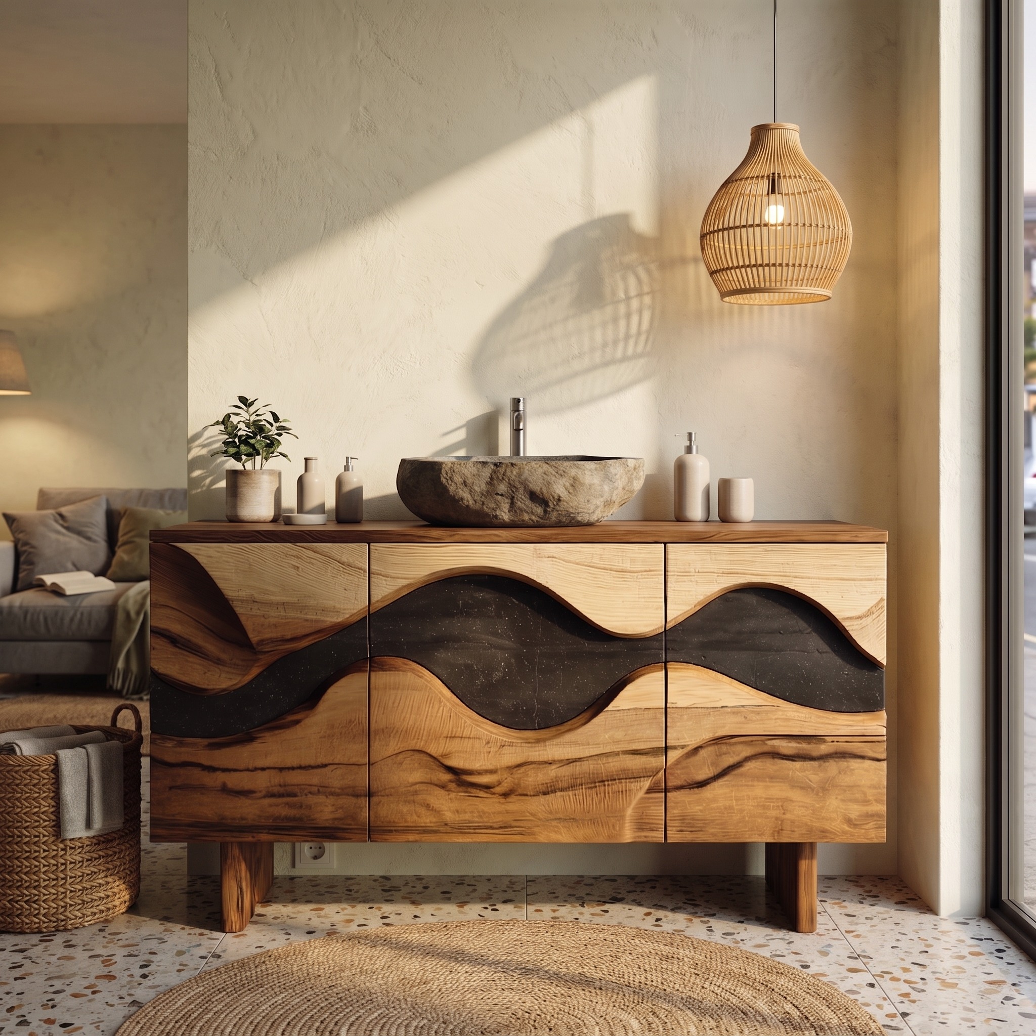 Sculptural Wave Bathroom Vanity Solid Wood Curved Front Cabinet Design Bathroom and Vanity Space