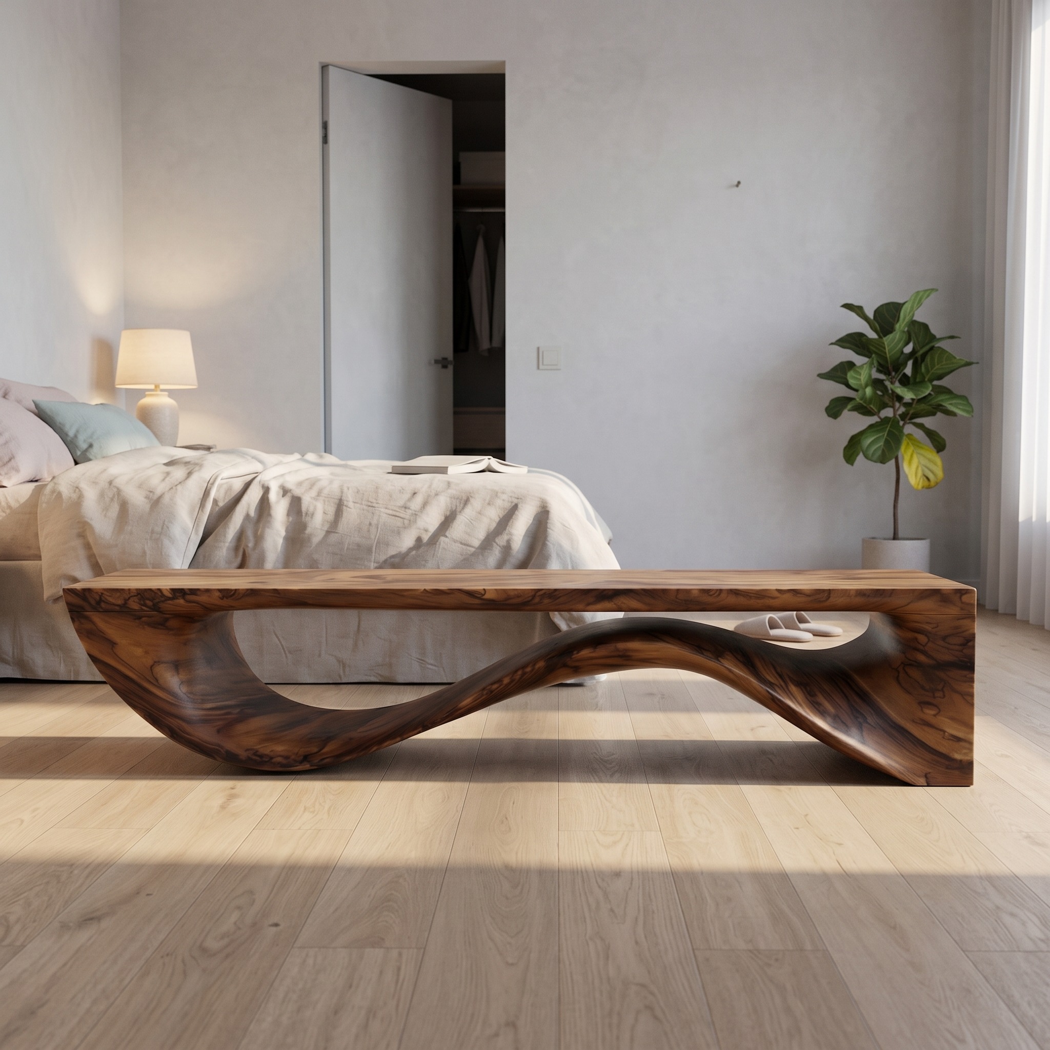 Sculptural Wave Bench Solid Wood Extended Curved Form Entryway