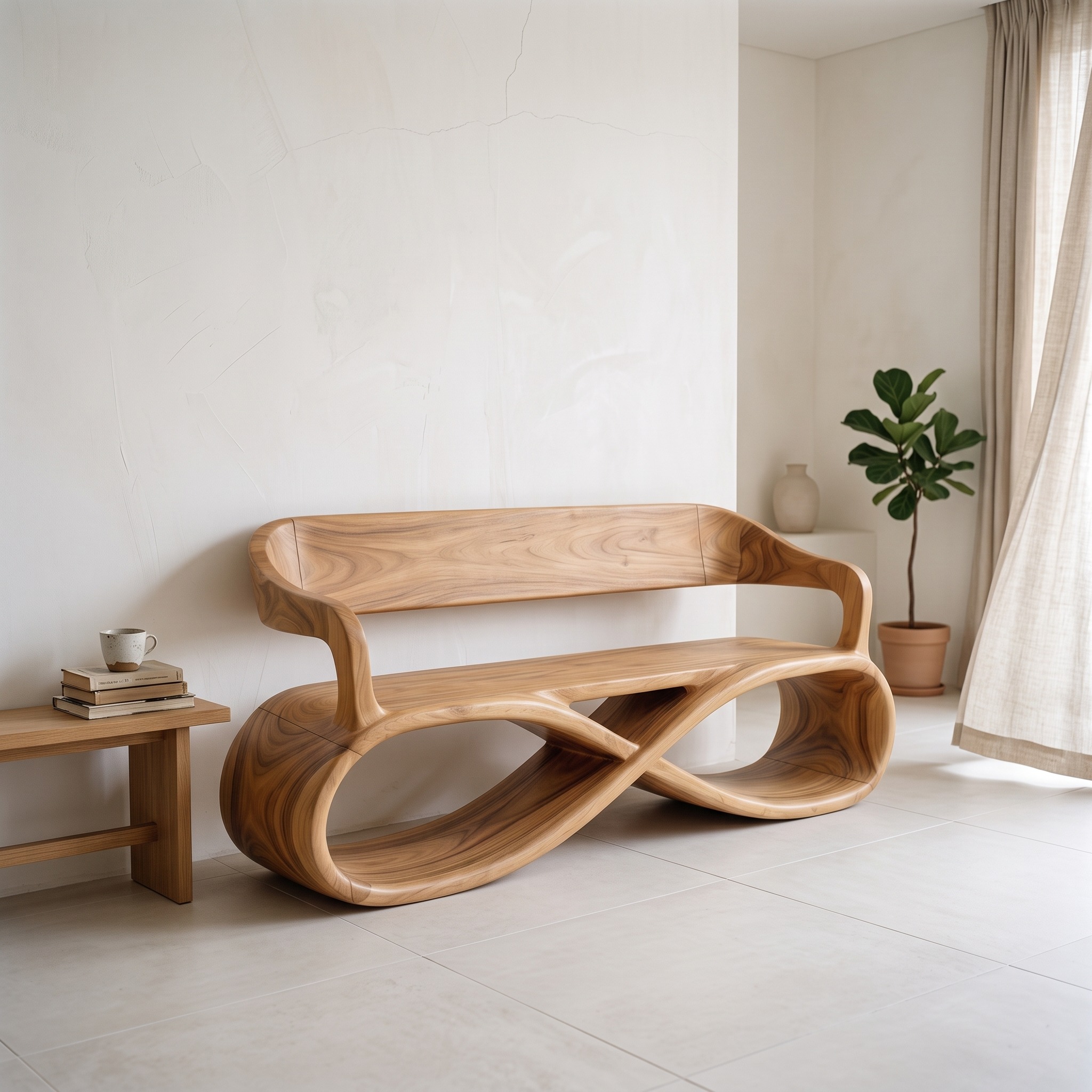 Sculptural Wooden Bench Modern Living Room