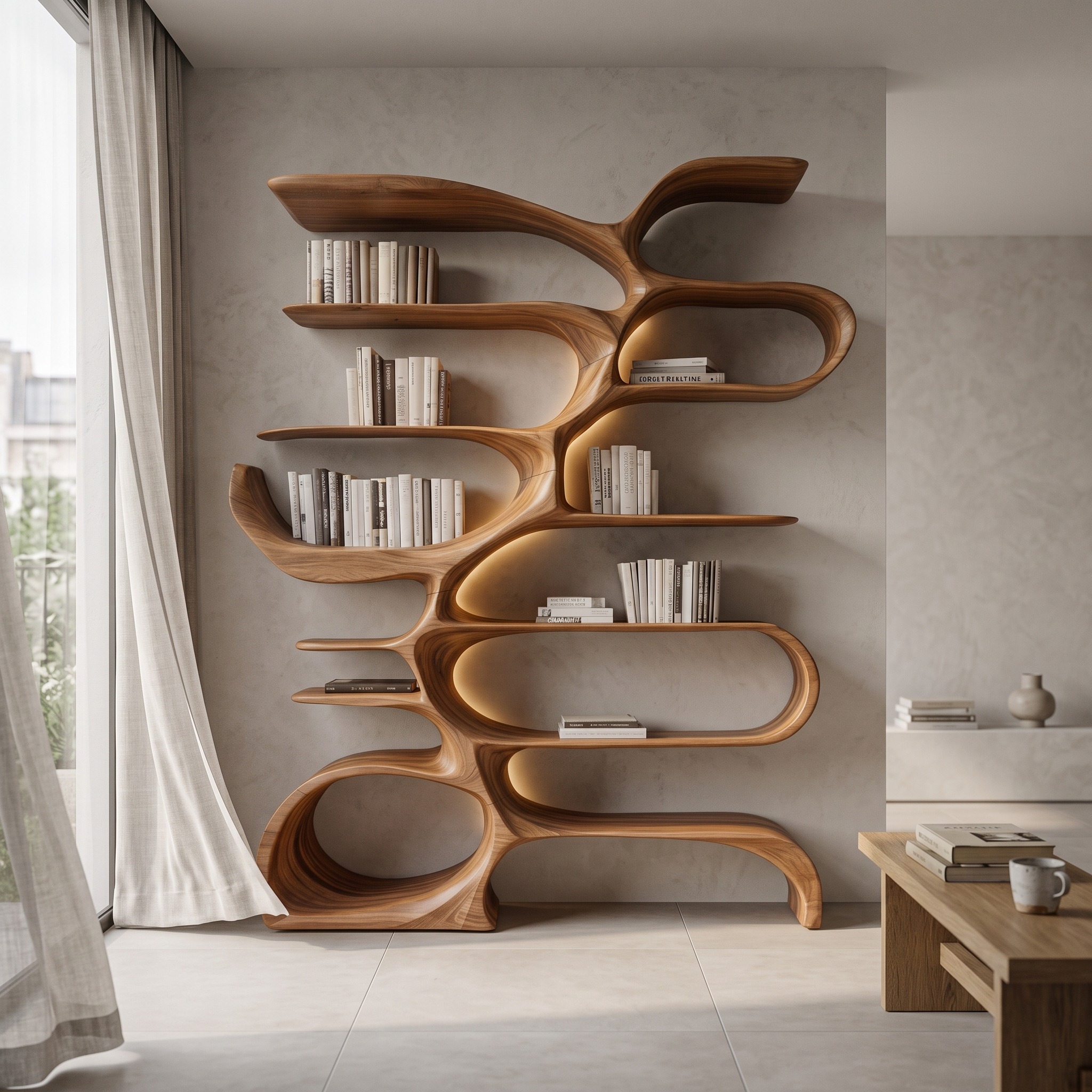 Sculptural Wooden Bookcase for Modern Living Room Storage