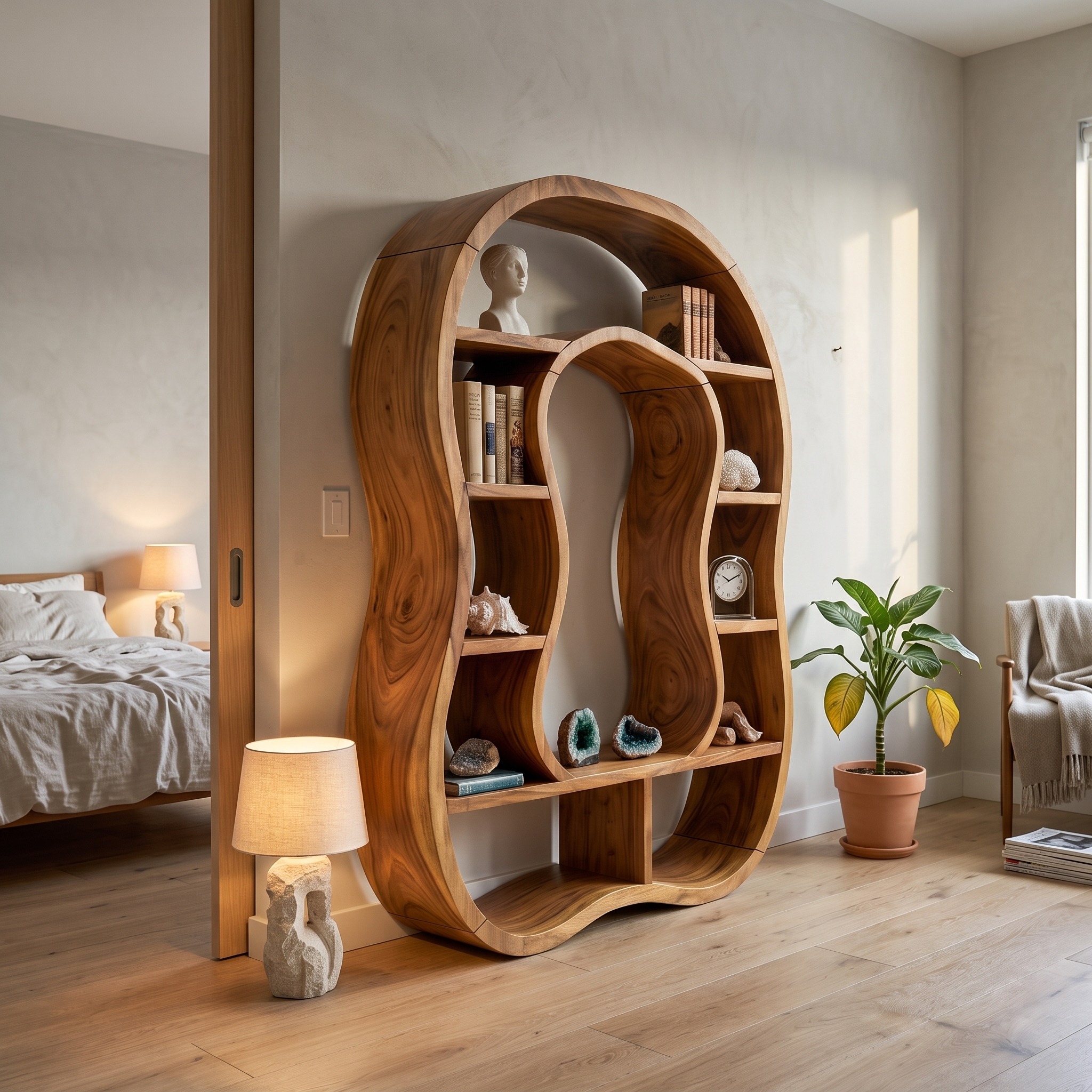 Sculptural Wooden Bookcase with Organic Open Design