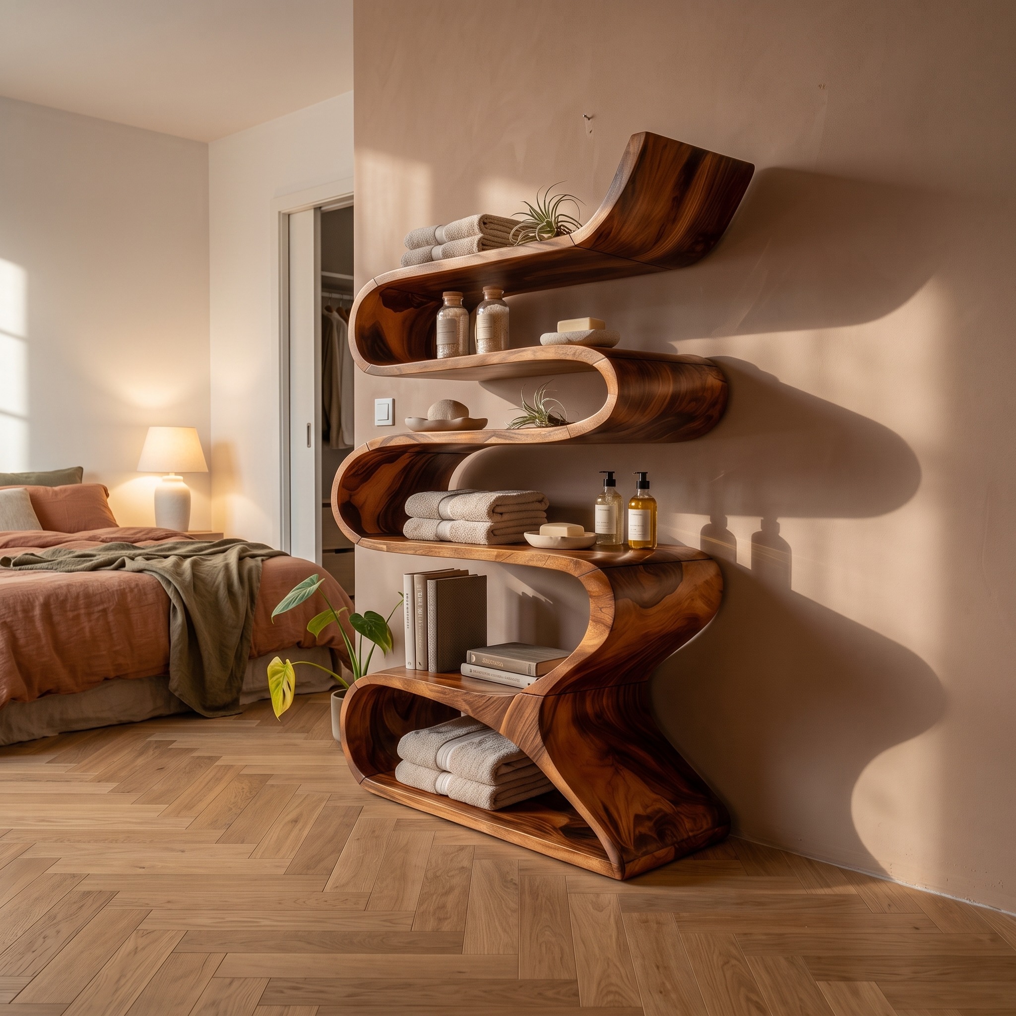 Sculptural Wooden Wall Shelf in Flowing Form