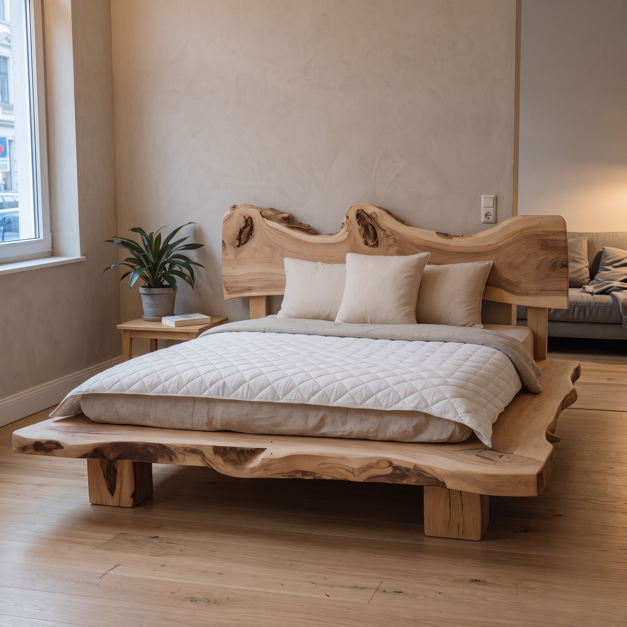 Solid Monkeypod Wood Bed Frame with Organic Headboard for Bedroom