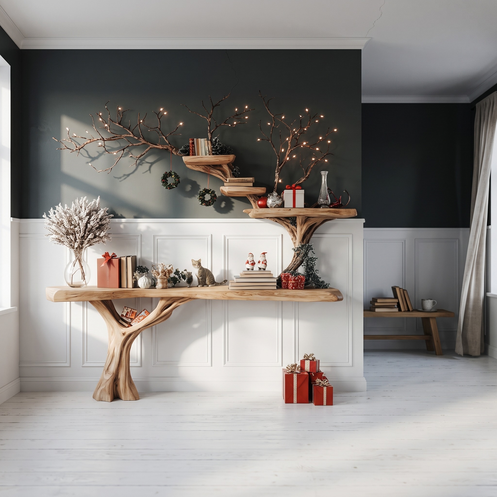 Solid Wood Bookcase Driftwood Console Table