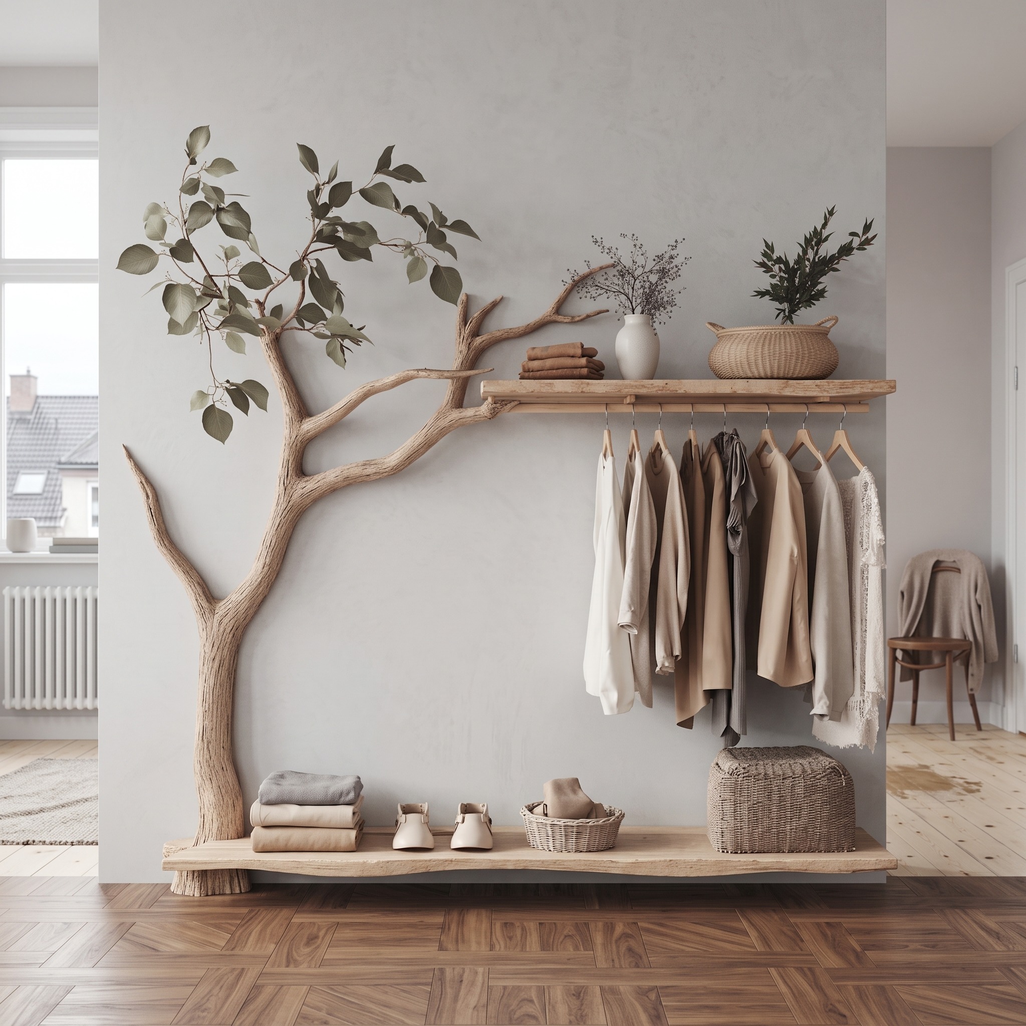 Solid Wood Coat Hanger Stand Coat Rack with Shelf Decorative Hooks