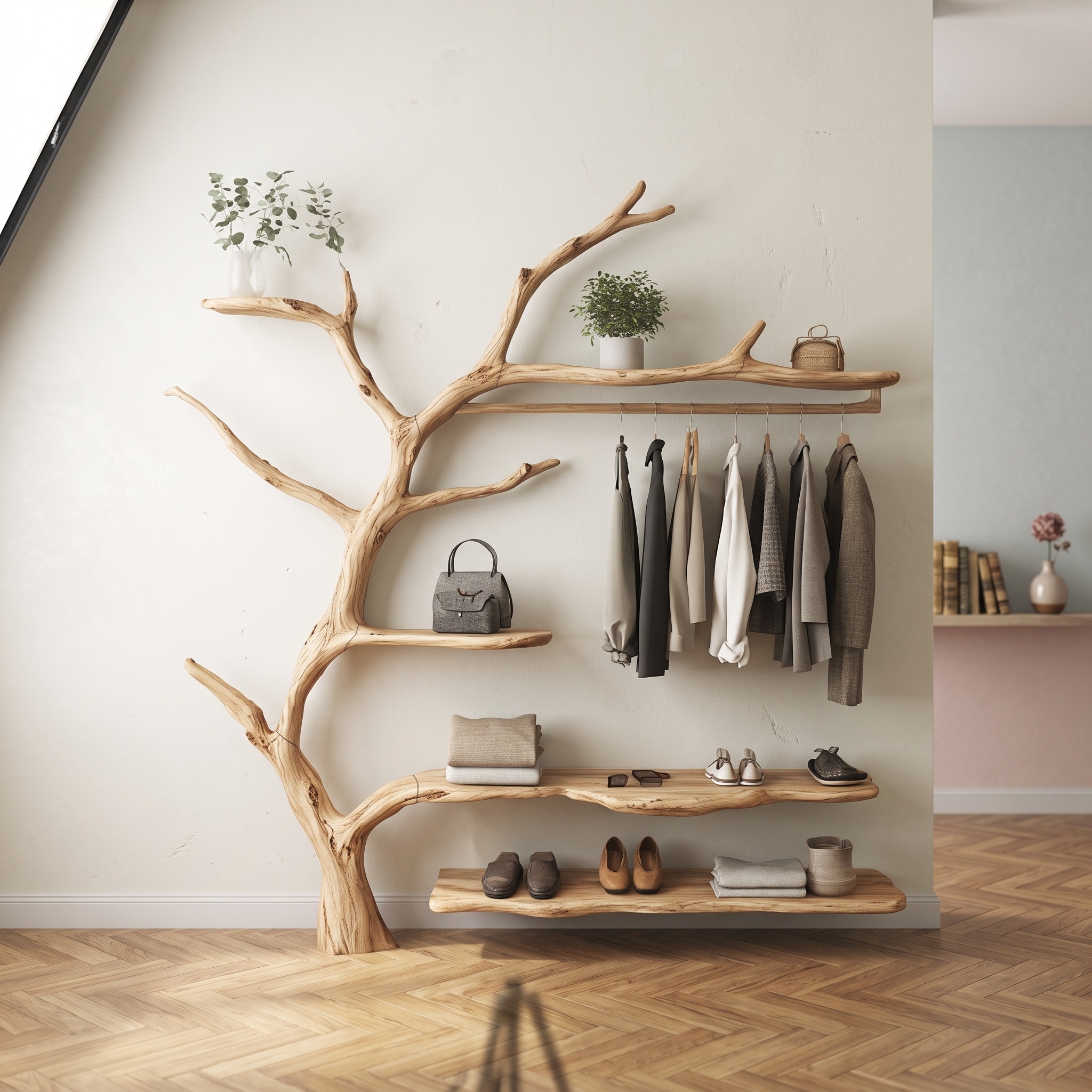 Solid Wood Coat Rack Wall Mount Wooden Shoe Stand Coat Rack