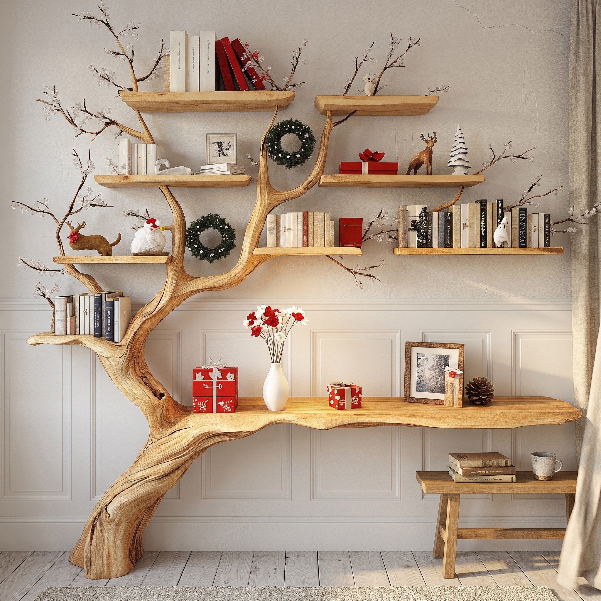 Solid Wood Console Table with Tree Branch Shelf