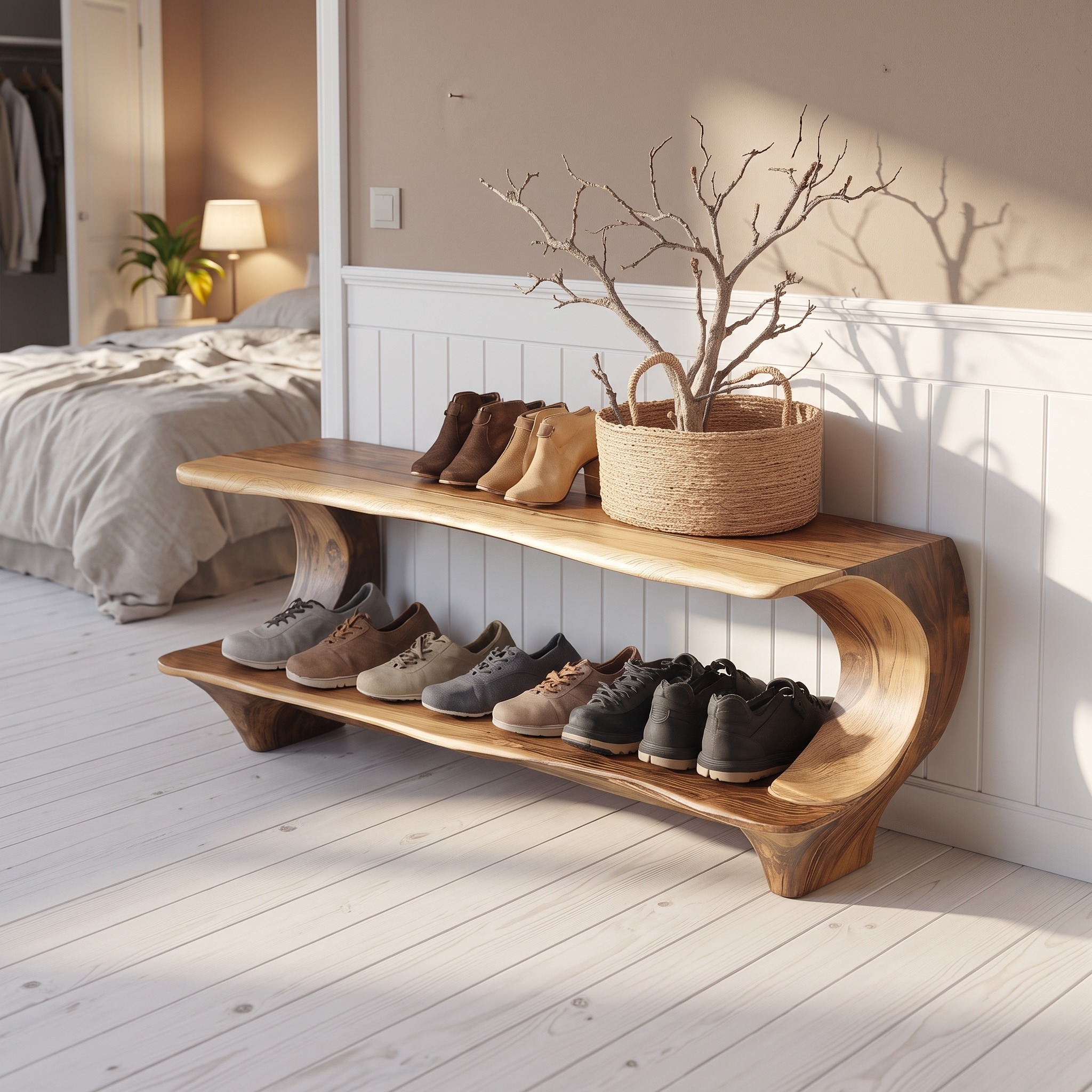 Solid Wood Entryway Narrow Shoe Rack Bench