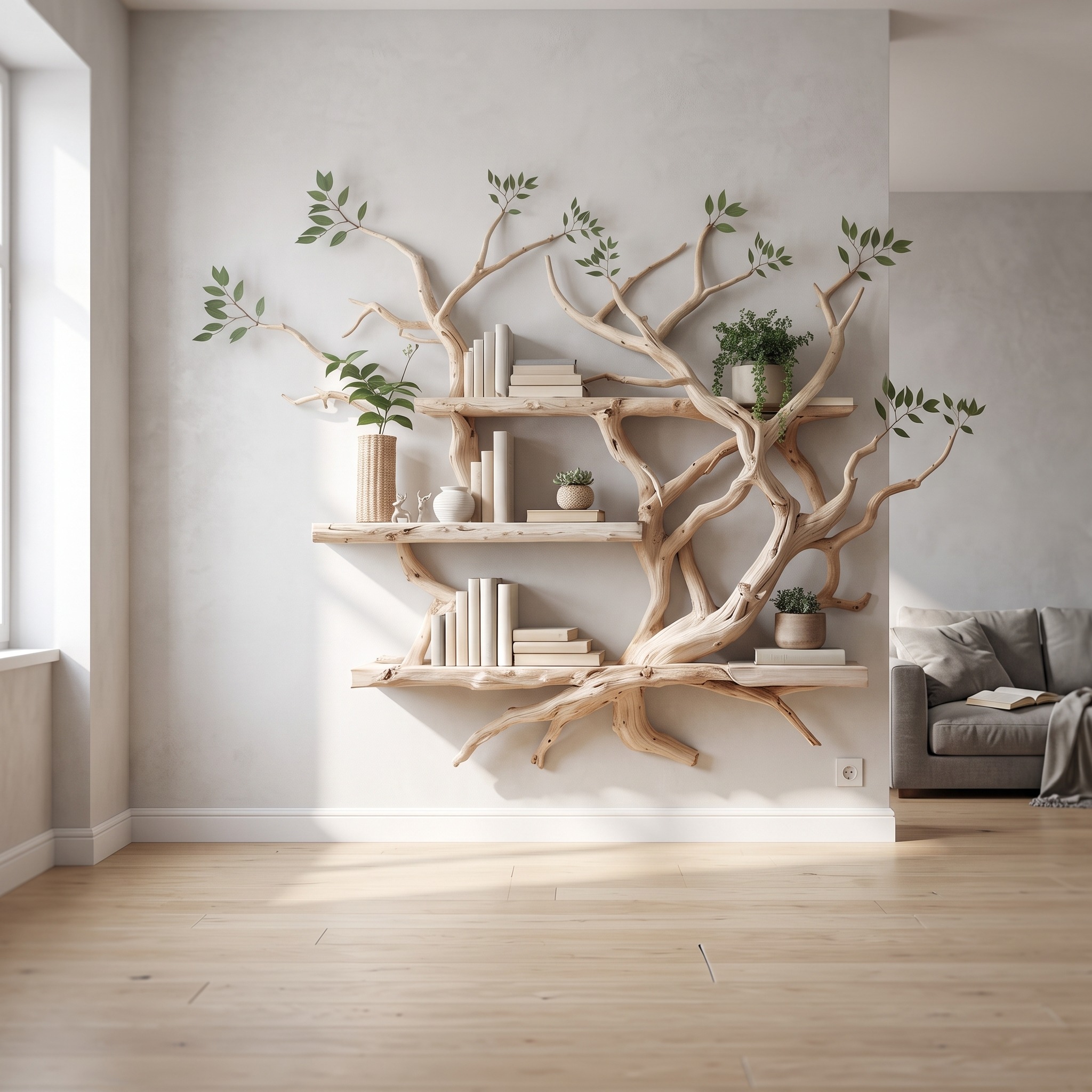 Solid Wood Tree Bookcase Wall Mount Bookshelf